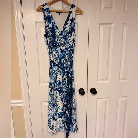Lauren Ralph Lauren Blue White Toile Print Dress Sz 8 Garden Party Wedding - Picture 1 of 6